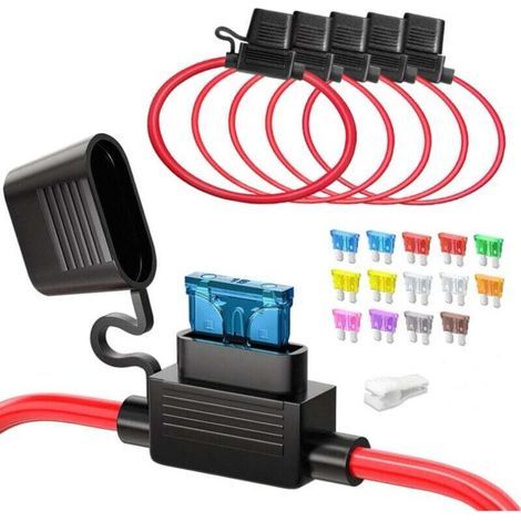 5pcs 12(1)+16AWG(4) Porte fusible Moyenne en ligne, ATC/ATO Automotive plat 12V Porte fusible étanche pour voiture/camion/motor + 14pcs Fusibles Standard(2A 3A 5A 7.5A 10A 15A 20A 25A 30A 35A)