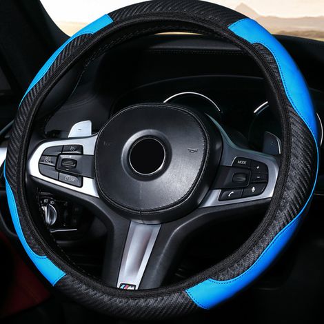 Volant voiture 38cm Housse PU cuir antidérapant universel élastique confortable lisse auto noir bleu (1/5)