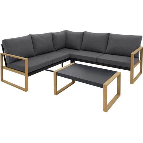 Salon de jardin d'angle - Aluminium effet bois - PUERTOCOR - 5 personnes + table basse (1/5)