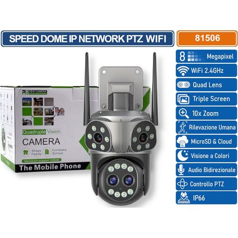 TELECAMERA SPEED DOME PTZ IP NETWORK 8MP CON QUATTRO LENTI ANALISI INTELLIGENTE AUDIO BIDIREZIONALE ZOOM 10X IP66 (1/4)
