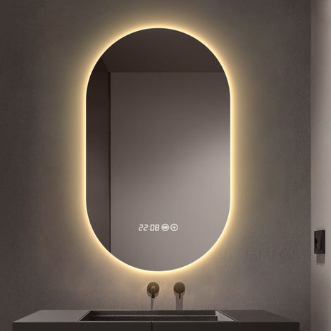 Miroir Salle de Bain avec Eclairage 50 x 80 cm,Miroir Salle de Bain Mural,Miroirs LED Sall𝐞 d𝐞 Ba𝐢n avec Anti-Buée,Interrupteur Tactile,Affichage Heure,3 Couleurs Lumière,Dimmable,Mémoire (1/4)