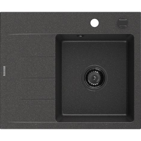 Mexen Ben évier granitique 1 bac avec égouttoir droit 600 x 500 mm, noir moucheté, siphon noir - 6523605000-76-B (1/5)