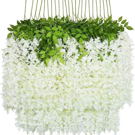 Fleurs de glycine artificielles – Guirlande végétale décorative pour plafond – Décoration de mariage – Osier synthétique – Soie – Blanc