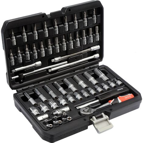 Yato Knarrenkasten Steckschlüssel‑ und Ratschen‑Set 56 teilig  1/4″ (6,3 mm) CrV Werkzeug‑Set mit Stecknüssen, Bits & Koffer