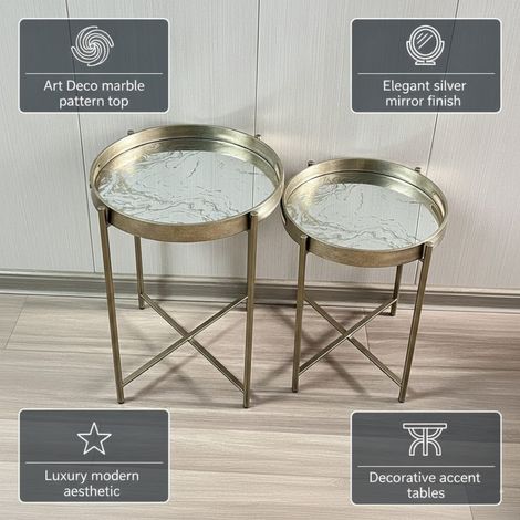 43/53cm Round Tables (Set of 2) - Art Deco Marble Pattern Top - L36 x W36 x H45 cm