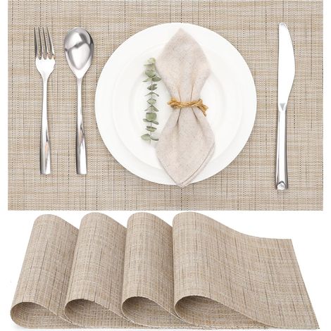 4er-Set Tischsets, waschbare gewebte Tischsets für Küche oder Esstisch, hitzebeständig, rutschfest aus Vinyl (30 x 45 cm) (Gelbbeige) (1/5)