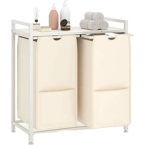 Panier à linge, sacs en tissu durable, dessus en bois robuste, 2 compartiments WH (1/2)