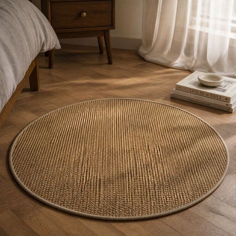 Tapis rond effet sisal 80 cm en polypropylène antidérapant couleur camel pour salon chambre bureau design moderne facile à entretenir (1/4)