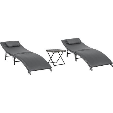 easycomfort lettini prendisole richiudibili con cuscini rimovibili e tavolino pieghevole, set 3 pz in rattan, grigio (1/5)