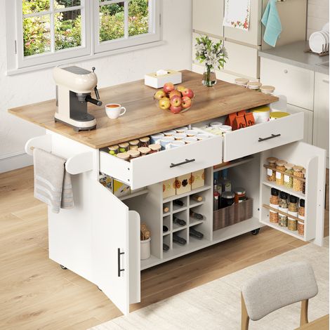 Isola da cucina con ruote e piano ribaltabile 120 x 45 x 84 cm bianca effetto legno OKWISH (1/5)