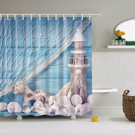 Rideau de douche à motif coquillages, étoiles de mer, conques, palmiers bleus et coucher de soleil, décor de salle de bain, 240 x 180 cm (94 x 70 pouces), 240 x 180 cm (94 x 70 pouces)