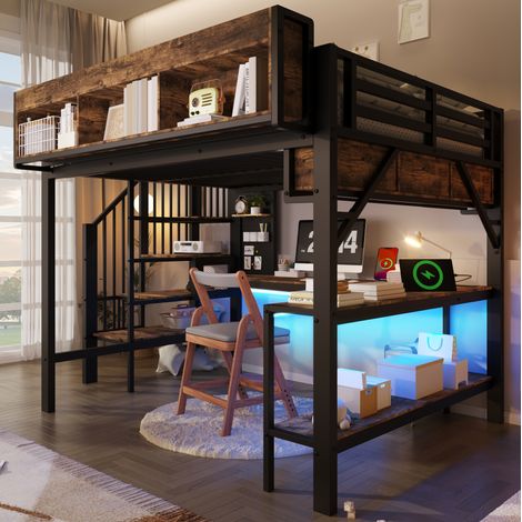 Letto a soppalco 140x200 cm vintage marrone-nero con scrivania ad angolo, ripiani, LED e USB (1/5)