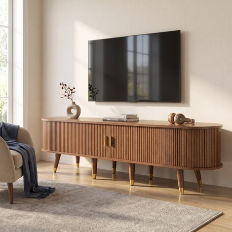 Meuble TV 175 cm avec porte coulissante en rotin et rangements, style campagne, Noyer (1/5)