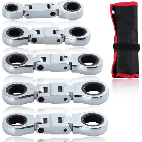 Lot de 5 clés à cliquet à double tête flexible à cliquet - Jeu de clés mixtes à cliquet à double boîte - Mini clés à cliquet Nano Flex (1/5)