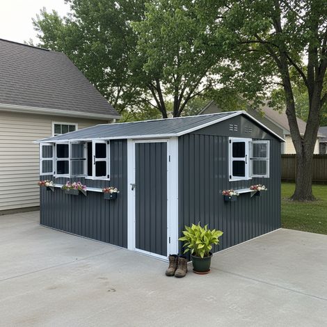 Abri de jardin métal 10m² en acier galvanisé gris anthracite avec double porte verrouillable, 3 fenêtres et étagère extérieure