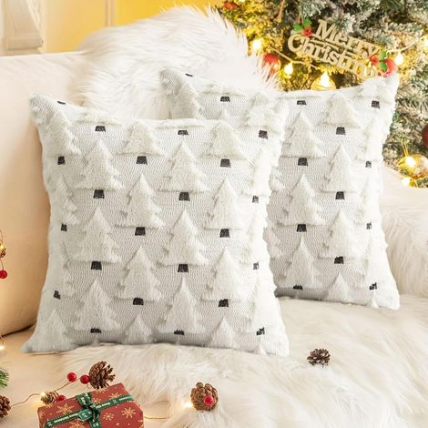 Set di 2 federe per cuscini natalizi 45 x 45 cm in peluche bianco con motivo ad albero in pelliccia sintetica, morbide federe per cuscini invernali per la decorazione del divano, casa, vacanze, camera (1/4)