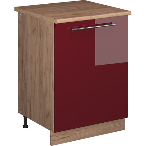 Mobiletto base cucina Fame-Line, Bordeaux lucido/Rovere dorato, 60 cm 1 anta con piano di lavoro, Vicco (1/5)