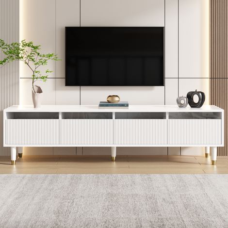 Meuble TV 178x 35x45 cm, Banc TV de salon avec 4 tiroirs et passe-câbles, meuble bas de rangement et acrylique style scandinave, Blanc (1/5)