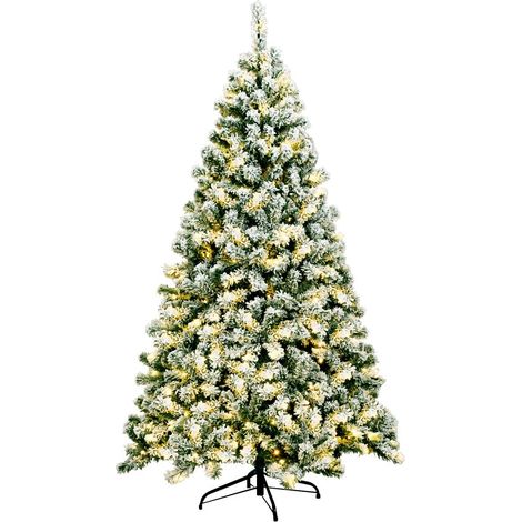 COSTWAY 180cm Künstlicher Weihnachtsbaum mit Schnee und warmweissen LED-Leuchten, Tannenbaum mit Metallstaender, Christbaum PVC Nadeln, Kunstbaum Weihnachten grün (1/5)