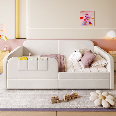 Lit avec tiroirs 90x200, velours blanc, 2 tiroirs HAVRYA (1/5)
