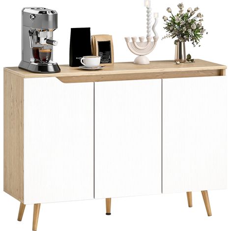 HOMCOM aparador de 3 puertas, aparador de salón con estantes ajustables, patas de madera, para cocina, entrada, roble y blanco, 107x35x76,5 cm