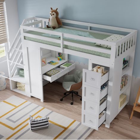 Lit mezzanine enfant 90x200 cm avec bureau intégré, rangements, étagères et échelle, bois blanc (1/5)