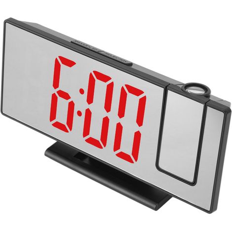 Réveil numérique à projection avec chargement USB, luminosité automatique, écran miroir LED, boîtier noir, éclairage rouge, idéal pour la chambre. (1/5)
