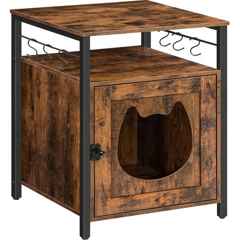 Enclos de litière pour chat - Meuble pour litière cachée avec 6 crochets - Grande table d'appoint pour salon - Marron foncé EBF05MW01 (1/5)