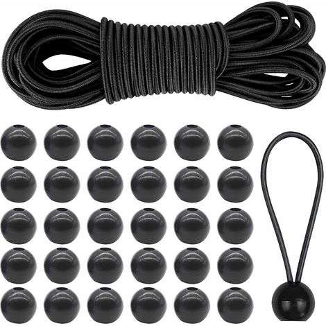 Tendeur Sandow Elastique,4 mm x 10 m Cordon Elastique en Caoutchouc avec 30 Boules,Corde Elastique pour Bache pour Bannière,Pavillons,Tentes,Camping et Canotage Accessoires DIY Noir (1/5)