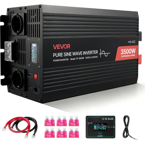 Convertisseur Pur Sinus CC 12 V vers CA 230 V Onduleur Sinusoïdal Pur 3500 W, avec Écran LCD, Télécommande Filaire, Port USB et Type-C, 2 Prises CA, pour Camping-car, Voiture, Système Solaire (1/5)