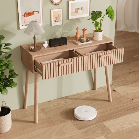 Console en bois massif 100×35×80 cm, Table console, 2 Tiroirs, Finition bois naturel, Style Scandinave pour Entrée, Couloir, Salon (1/5)
