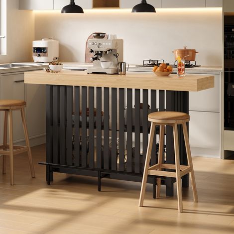 Table de bar 2 personnes 160x40x105 cm, table haute mange-debout avec repose-pieds et étagère 2 niveaux, noir avec plateau effet bois, gain de place (1/5)