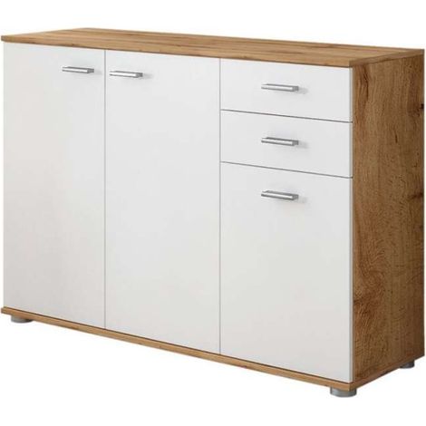 Madia Oslo - Credenza Bianco Perla e Olmo con 3 Ante e 2 Cassetti (1/4)