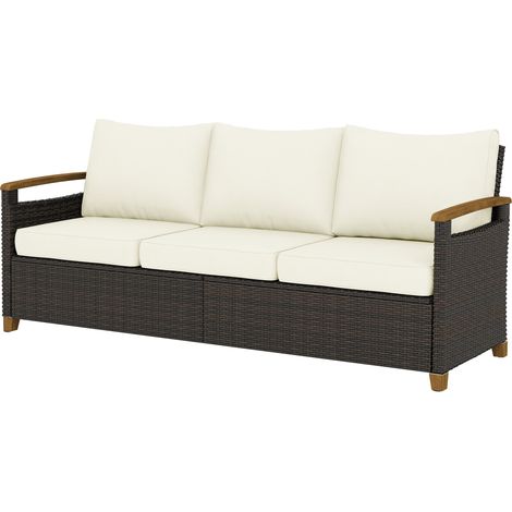 Outsunny Divanetto da Esterno a 3 Posti in Rattan PE, Marrone e Crema