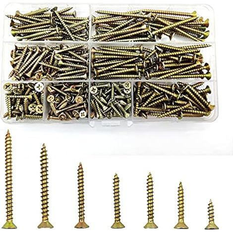 335 Stück Selbstschneidende Schrauben Set, Kreuz Flachkopf Senkkopf Betonschrauben verzinkt, Trockenbauschrauben, Holzschrauben für Türscharniere, Reparaturen, DIY-Projekt (1/5)