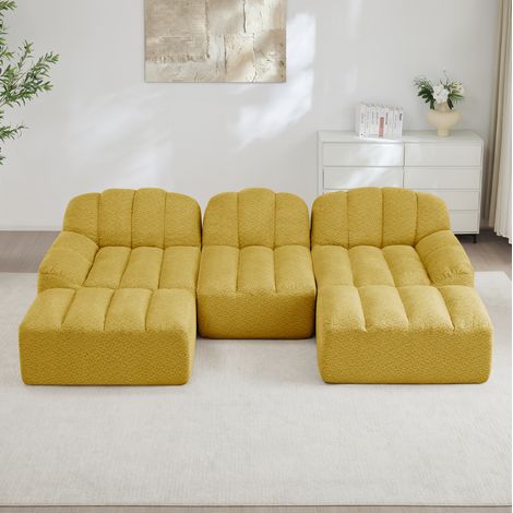 FloraGrace Canapé modulable U, 3 places, tissu polaire granuleux jaune, sans structure, ottoman, salon (1/5)