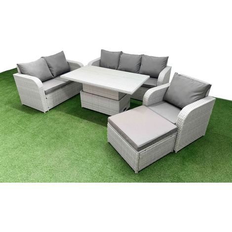 Fimous Patio PE Wicker 7 Seater Outdoor Rattan Furniture Sofa Sets with Adjustable Lifting Dining or Coffee Table Reclining Chair Loveseat Sofa 3 Seater Sofa Big Footstool Light Grey (1/5)