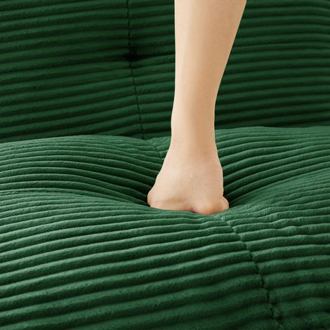 Ottoman Cordelia en velours côtelé vert, pouf de rangement moderne, assise moelleuse, tissu doux, idéal salon ou chambre, 1 pièce. (1/5)