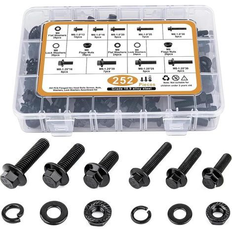 252-teiliges Flansch-Sechskantschrauben-Muttern-Unterlegscheiben-Set, 10.9 Güteklasse Schwarz verzinkter legierter Stahl, M6 M8 metrisches Flanschschrauben-Sortierset für Rennrad, Mountainbike, Auto u (1/5)