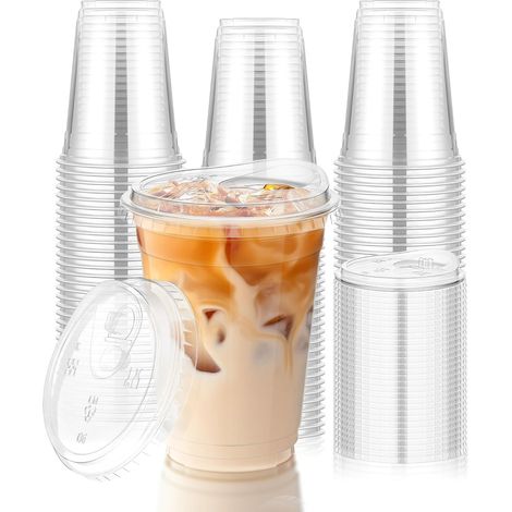 Gobelets JeiibrZui - 480 ml - 100 pièces avec couvercle à bec verseur - Transparents pour cafés glacés, smoothies et boissons froides