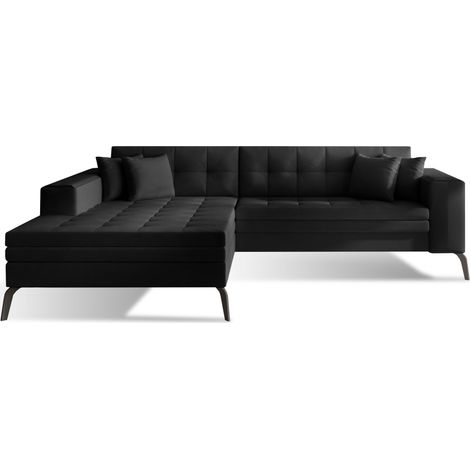 Canapé convertible capitonné angle gauche simili cuir noir et pieds métal noir Lazor 295cm (1/5)