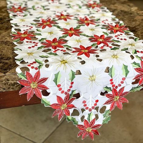 Chemin de Table Fleur de Noël, 15 po x 70 po Poinsettia Brodé Chemin de Table Feuille de Houx pour Décorations de Noël (1/5)