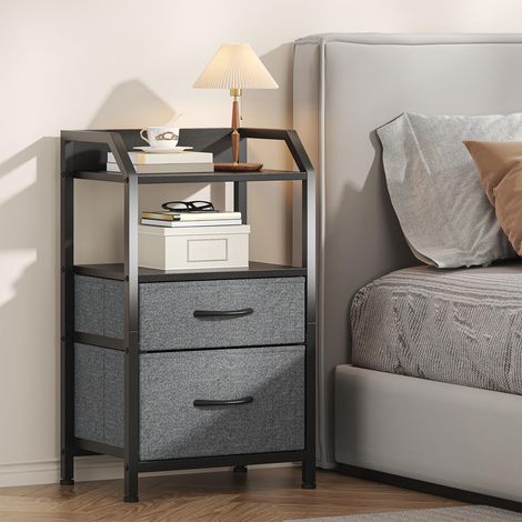 Comodino in tessuto, tavolino con 2 armadi in tessuto e ripiano aperto, comodino con pannello in legno e struttura in metallo, divano per ambienti stretti, camera da letto, soggiorno, grigio scuro (1/5)