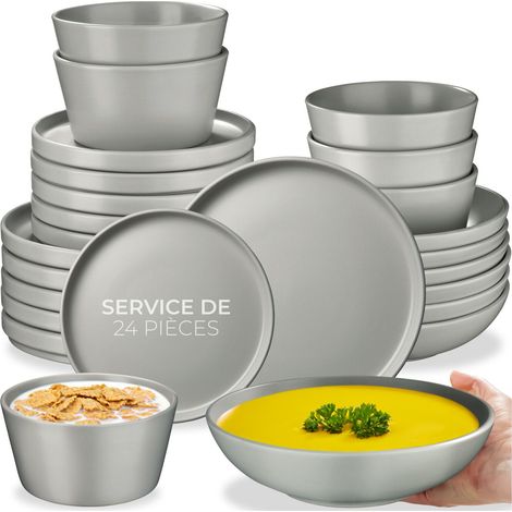 24 pièces service de table en grès pour 6 personnes gris