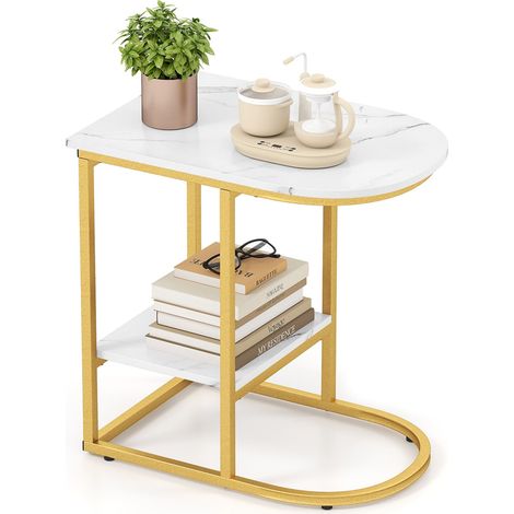 COSTWAY C-shaped End Table Modern Sofa Side Table with Storage Shelf-White (1/5)
