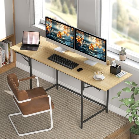 Tablette informatique pliable, 2 rallonges coulissantes, espace pour écrans, pieds en métal robuste, finition chêne et noir