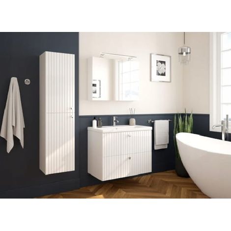 Meuble de salle de bains avec vasque intégrée, rainuré, 60 cm, blanc brillant, lamelles Rietti (1/4)