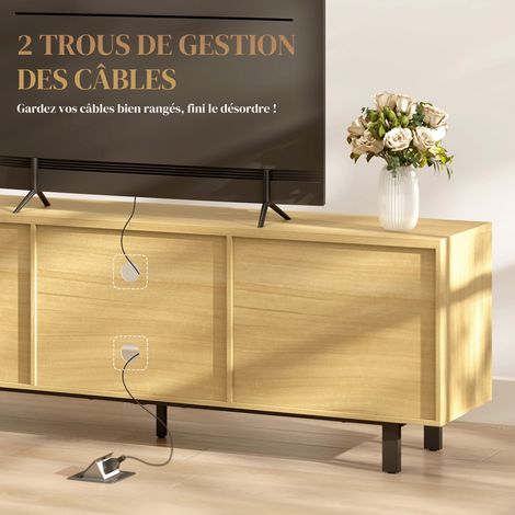 Meuble TV, meuble télé jusqu'à 65 pouces, 2 portes à ouverture par pression et 2 étagères, 160x35x55,5cm, bois naturel (1/5)