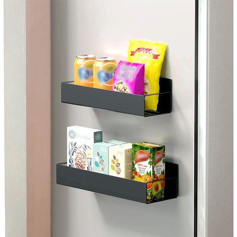 SJLERST Etagère Réfrigérateur Magnétique, 2 Pièces Étagère à Métaux Porte-Épices, Etagere Murale sans Percage Etagère Réfrigérateur - Economie Espace pour la Cuisine (Noir) (1/5)