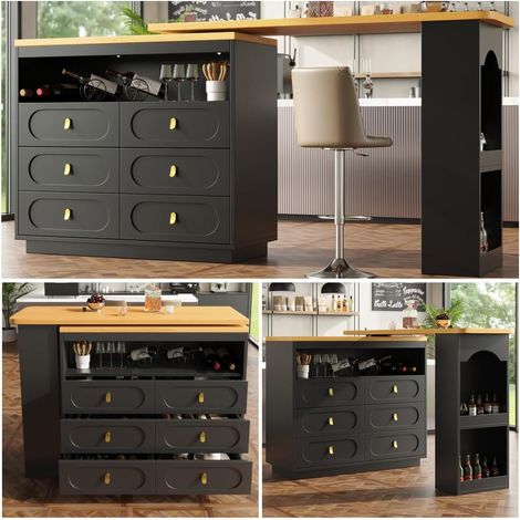 Table de bar pivotante à 360° et extensible de haute qualité avec espace de rangement, longueur réglable de 138 à 203 cm, buffet avec tiroirs pour cuisine, salon, salle à manger, bureau, Noir (1/5)